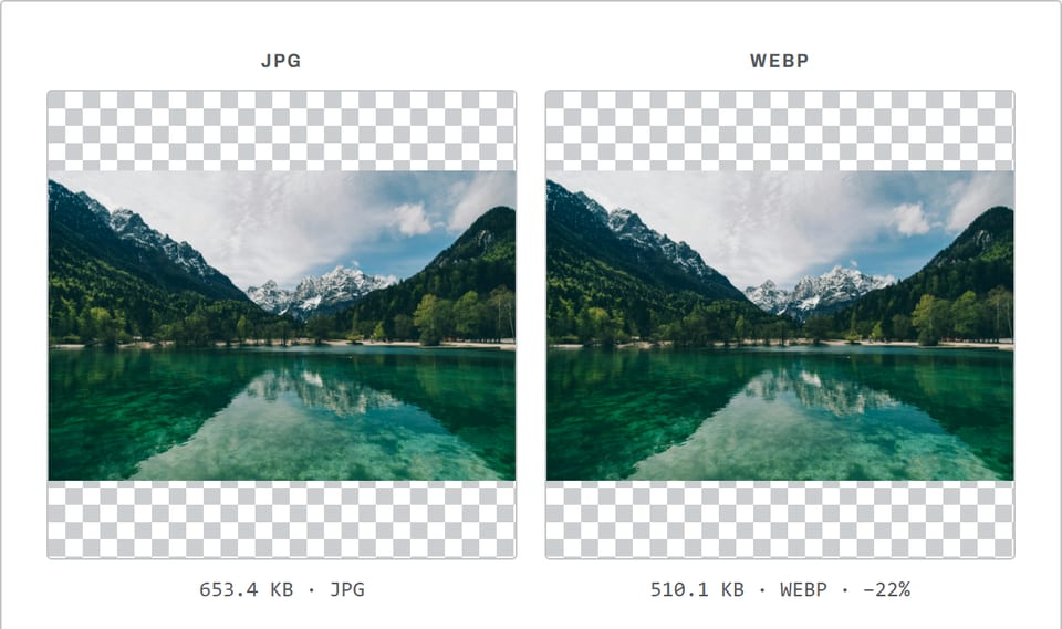 JPG to WebP converter showing a mountain lake photo: 653.4 KB as JPG and 510.1 KB as WebP.